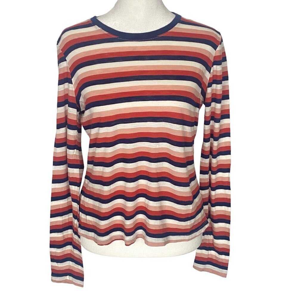 MARINE LAYER‎ Women Ruca Rainbow Tee Stripe Base Layer Sz L Blue Brown 67-8
